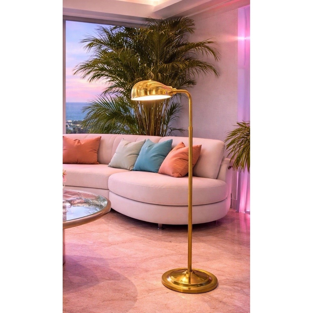 Vintage Brass Clam Shell shade MCM Floor Lamp Adjustable Pole Hollywood regency